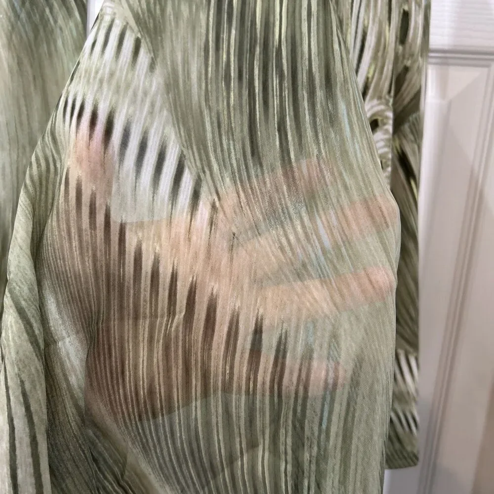 Chicos 3 Travelers Cardigan Green Frond Feather Open Front Semi Sheer Women's XL